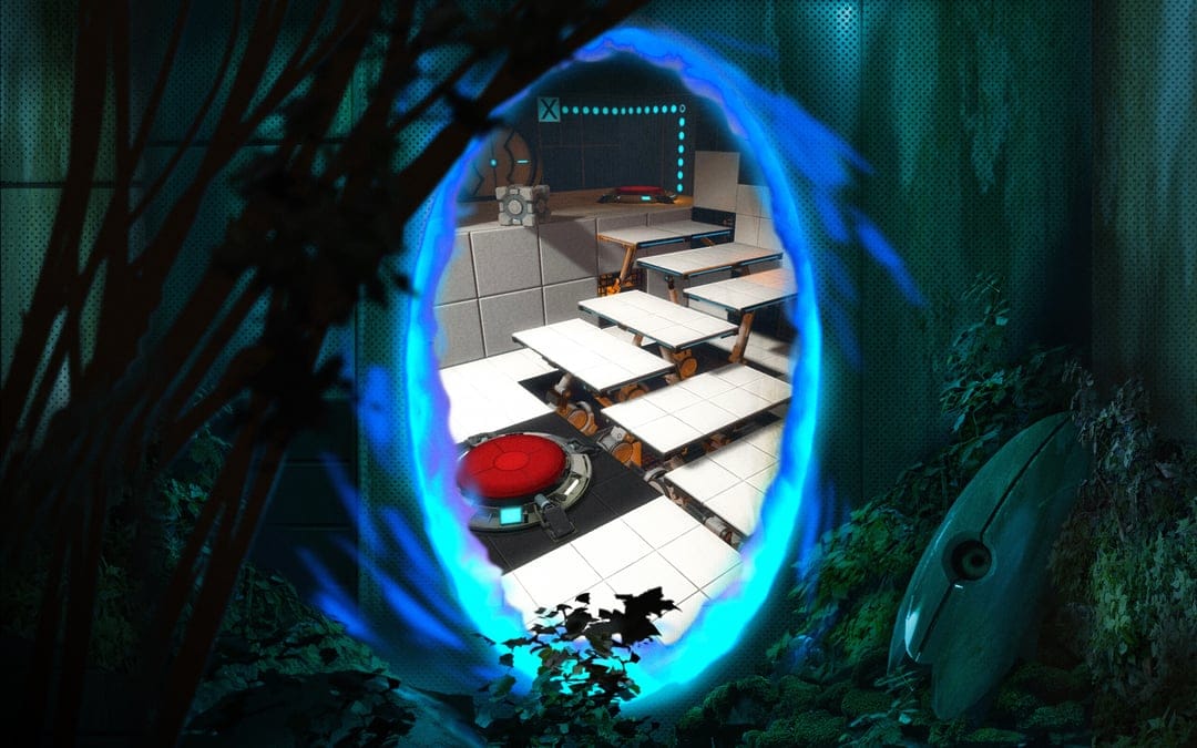 Glowing blue portal showing a white test chamber with a red button and cube in a dark overgrown room.
