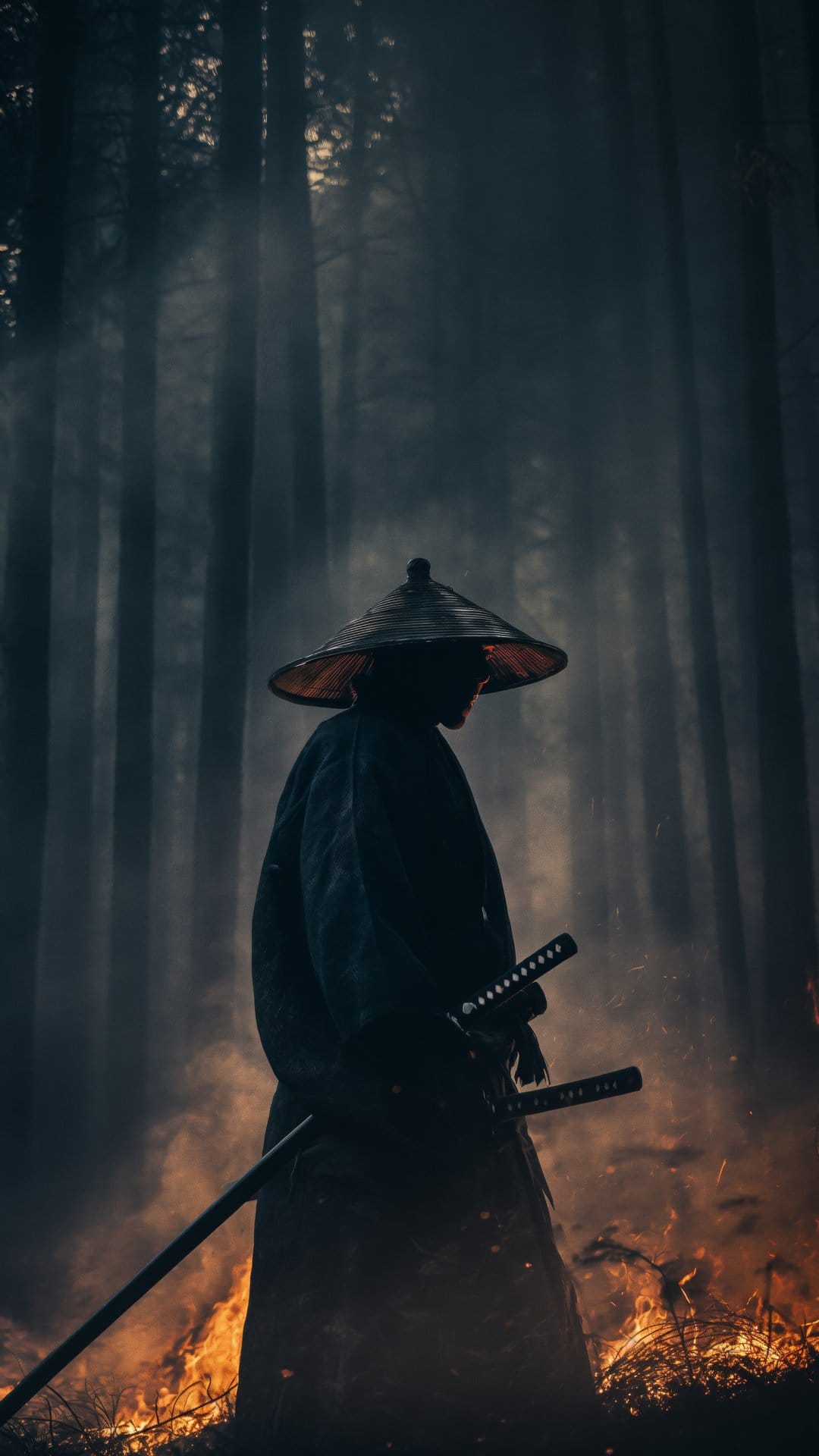 Samurai warrior in a conical hat holds two katanas while standing amidst a smoky forest fire at glowing dusk.