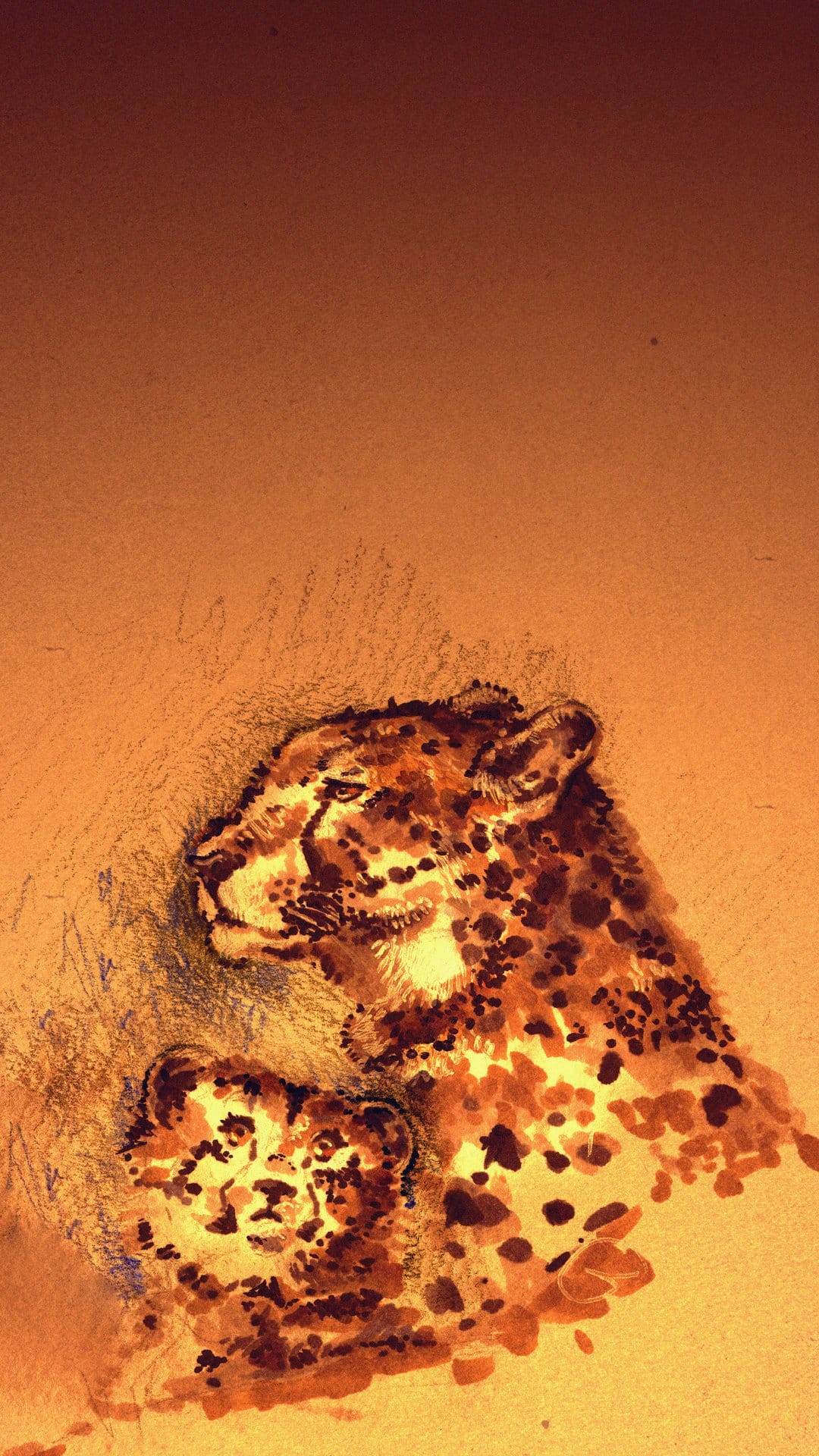Leopard mother nuzzling a small cub with detailed spotted coats against a soft amber and cream background.