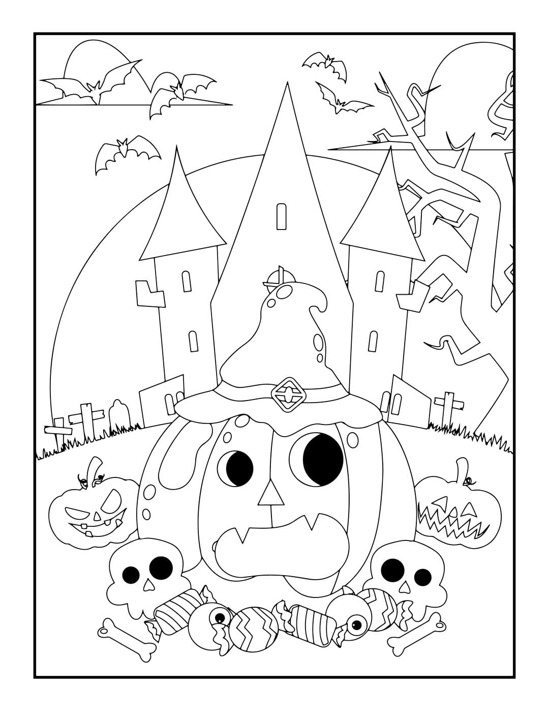 Halloween coloring page featuring a haunted castle, crescent moon, flying bats, pumpkins, and grinning skulls.