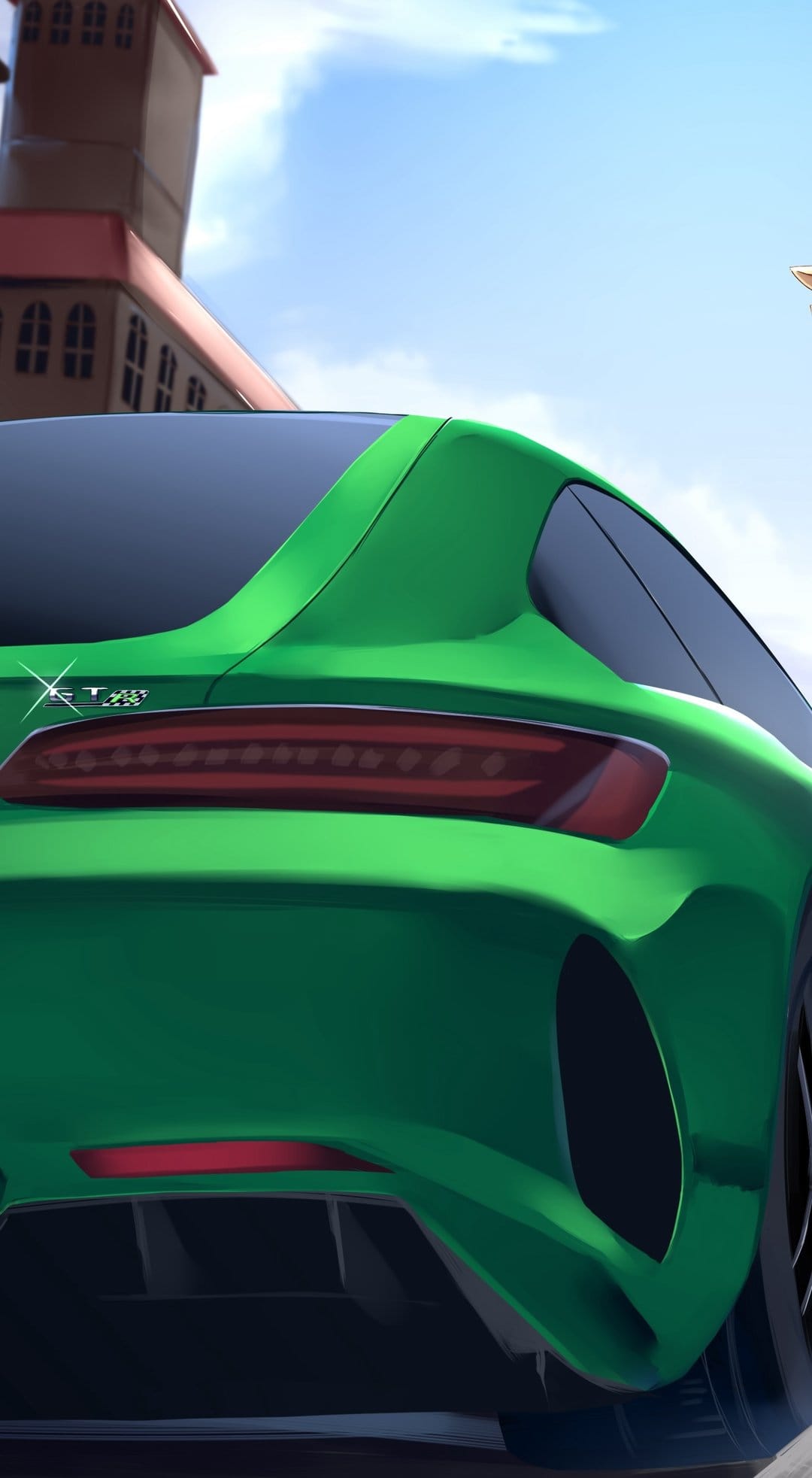 Green sports car rear view featuring sleek taillights parked before a red-roofed building and blue sky.