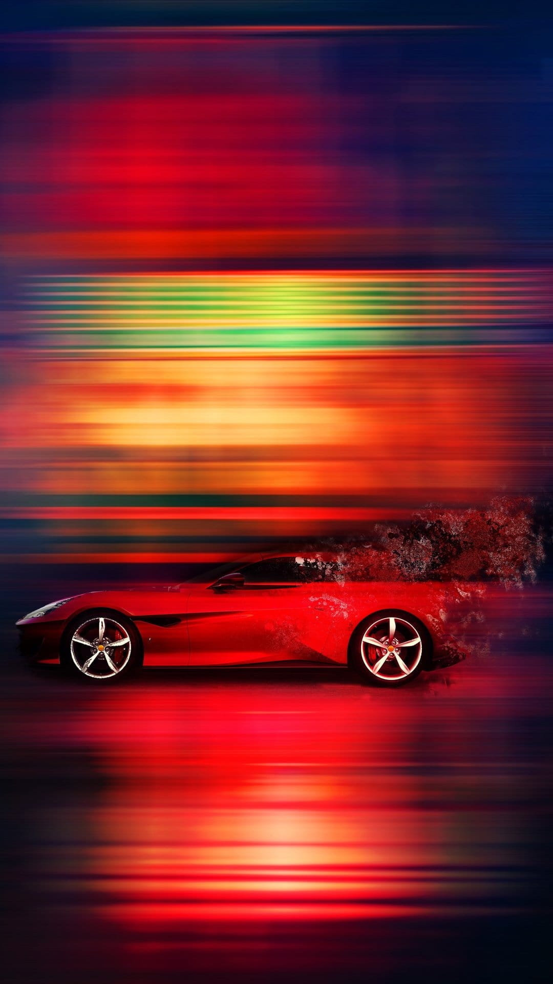 Red sports car accelerating through a blur of colorful horizontal light streaks on a dark background.