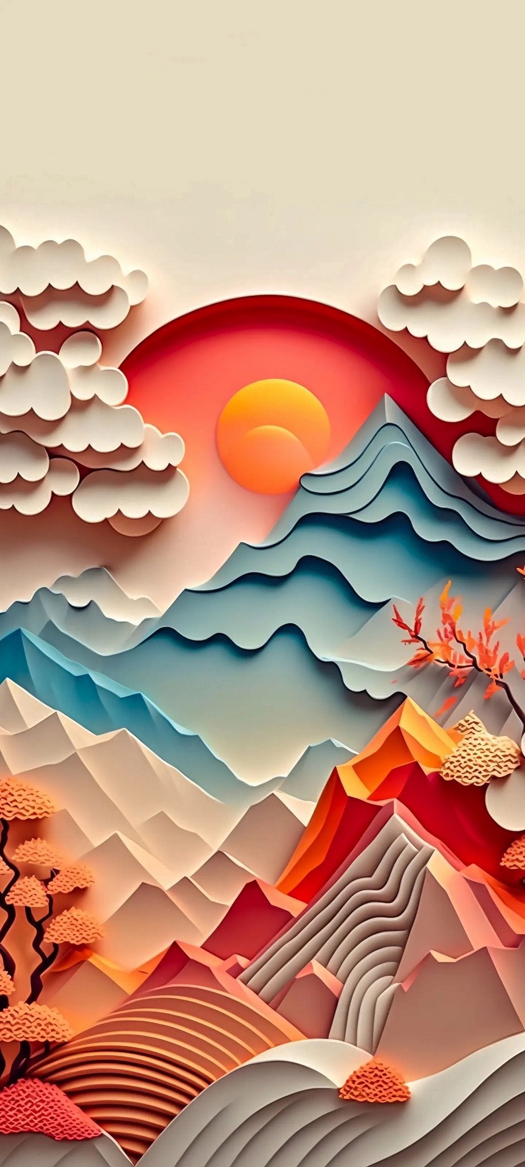 Layered pastel mountains sit beneath a glowing circular sun and stylized paper-cut clouds in a vertical scene.