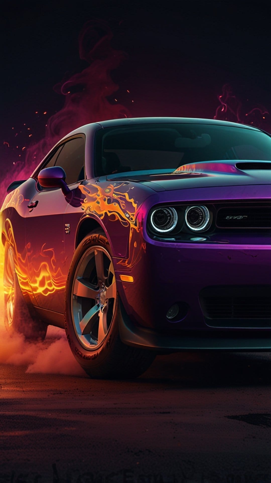 Purple Dodge Challenger muscle car with orange flames and thick smoke erupting from the side and rear tires.