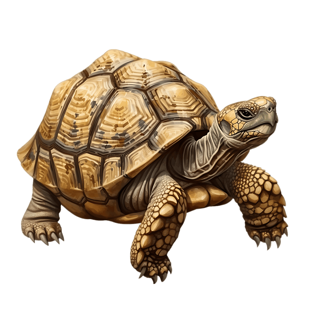 Sulcata tortoise walking on a black background showing detailed scaly skin and a textured segmented shell.