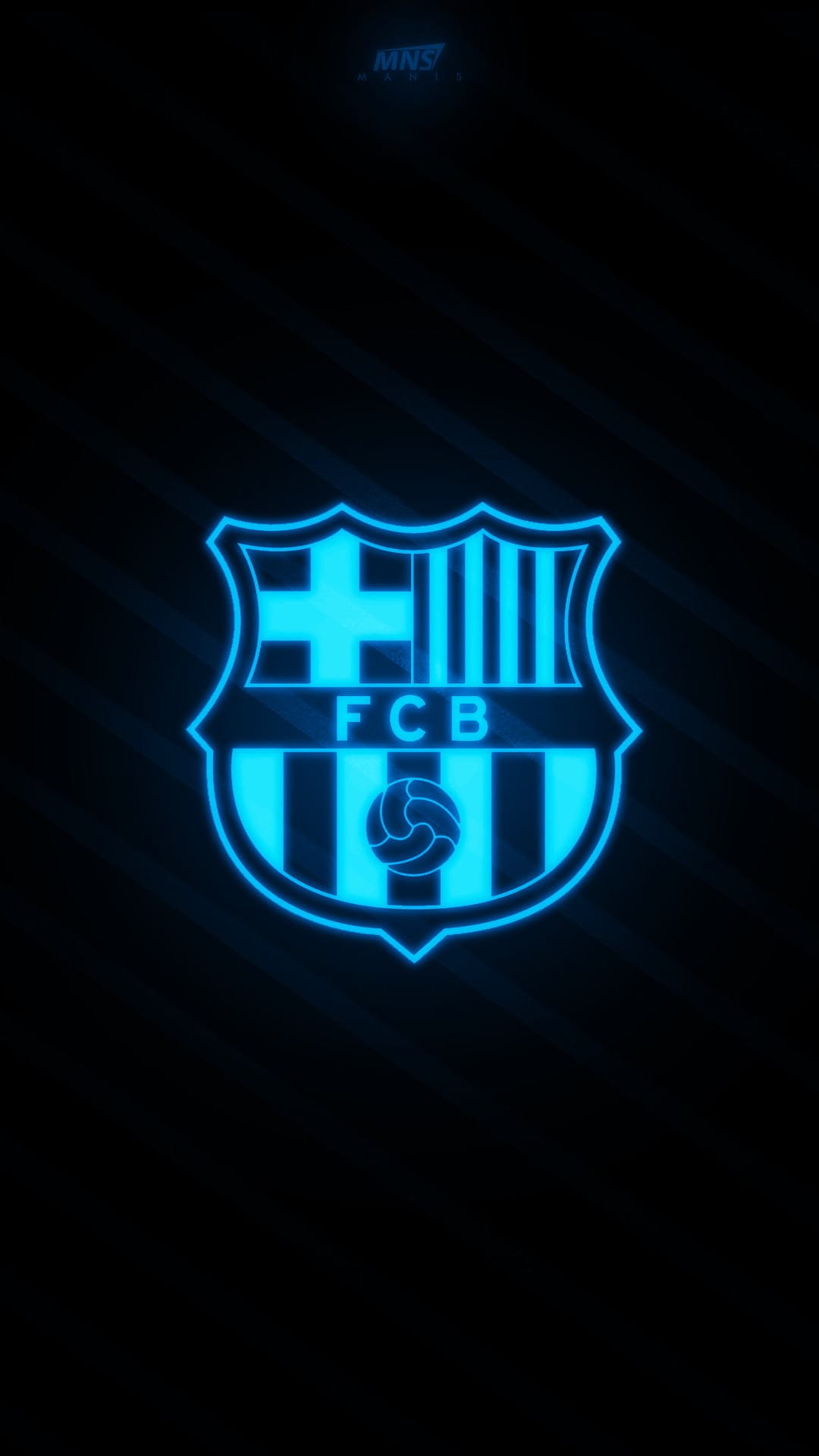 FC Barcelona logo rendered in glowing neon blue outlines centered on a dark background with diagonal lines.
