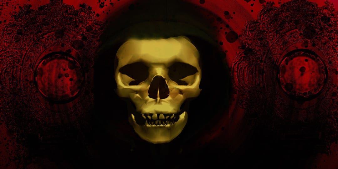 Gold skull featuring metallic highlights against a deep crimson background with abstract circular shapes.
