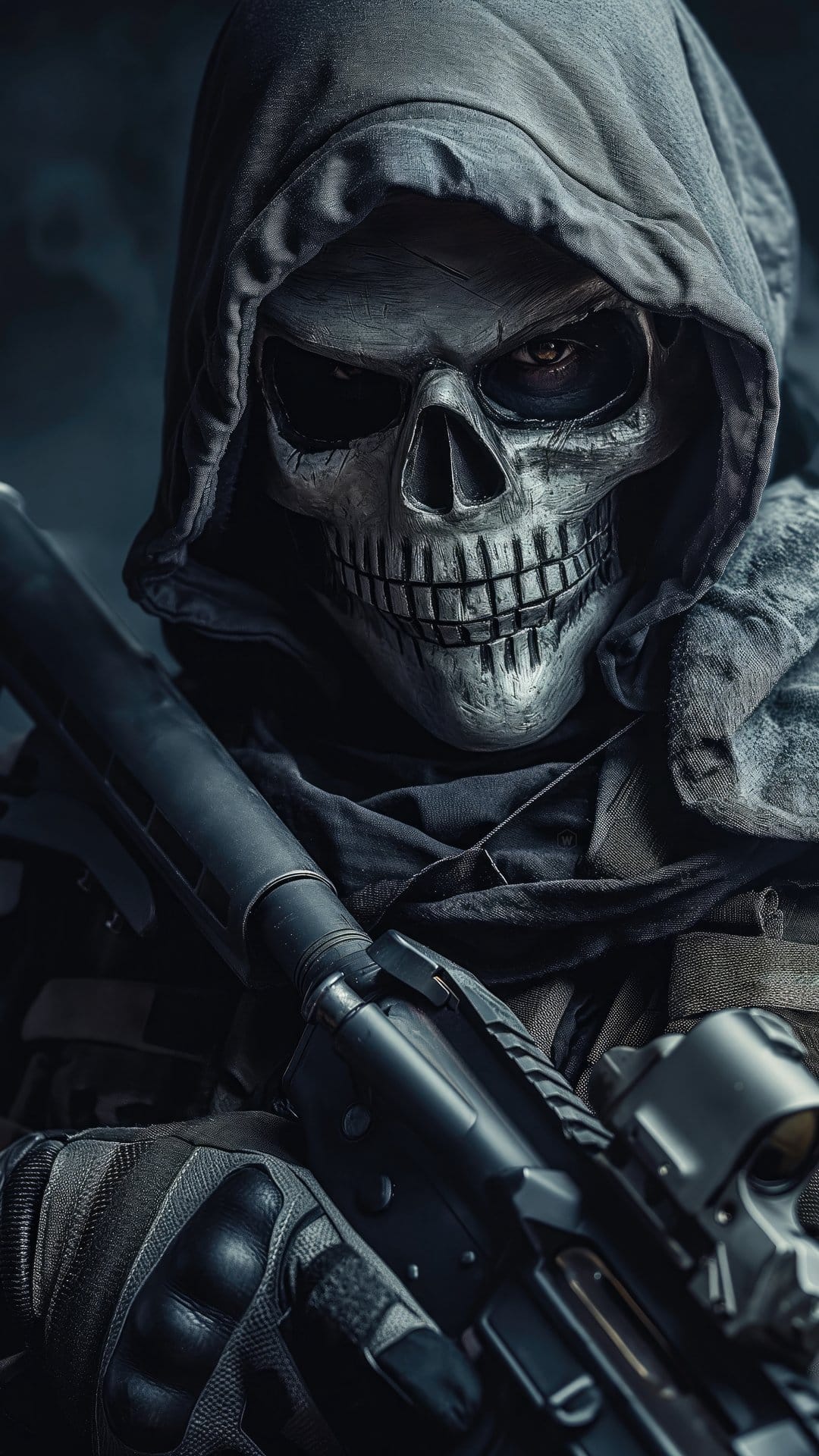 Soldier in a realistic skull mask and hooded cloak holds a tactical rifle against a dark, moody background.