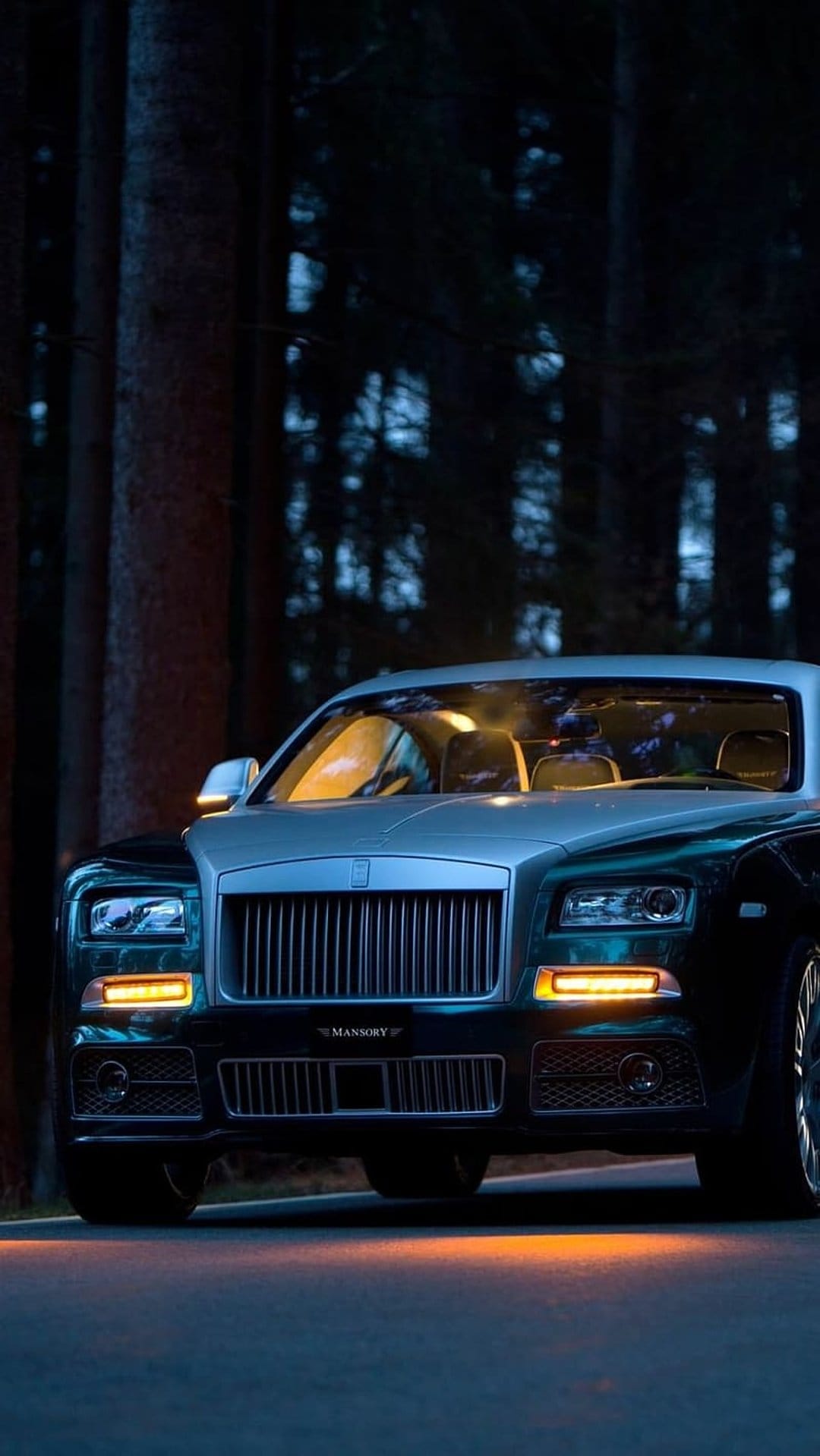 Black Mansory Rolls-Royce with glowing headlights parked on a dark woodland road at night under dense trees.