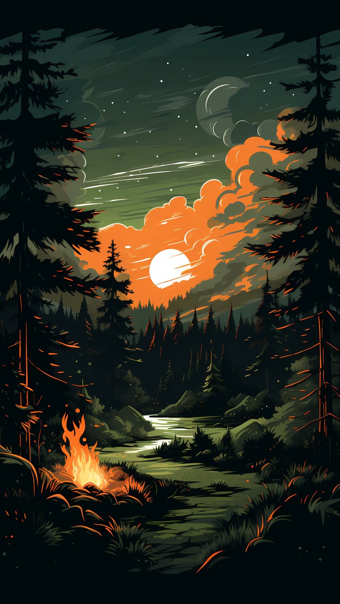 Burning campfire next to a winding river under a vibrant orange sunset sky with stars and tall evergreen trees.
