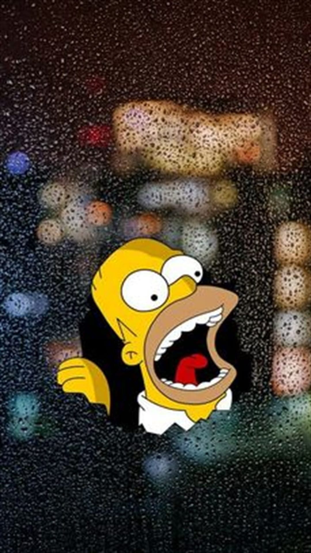Homer Simpson screams with eyes wide and mouth open behind a glass window covered in rain droplets and bokeh.