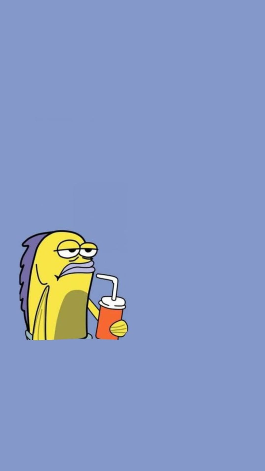 Unamused yellow fish with a grumpy expression sipping from an orange cup against a solid light blue background.
