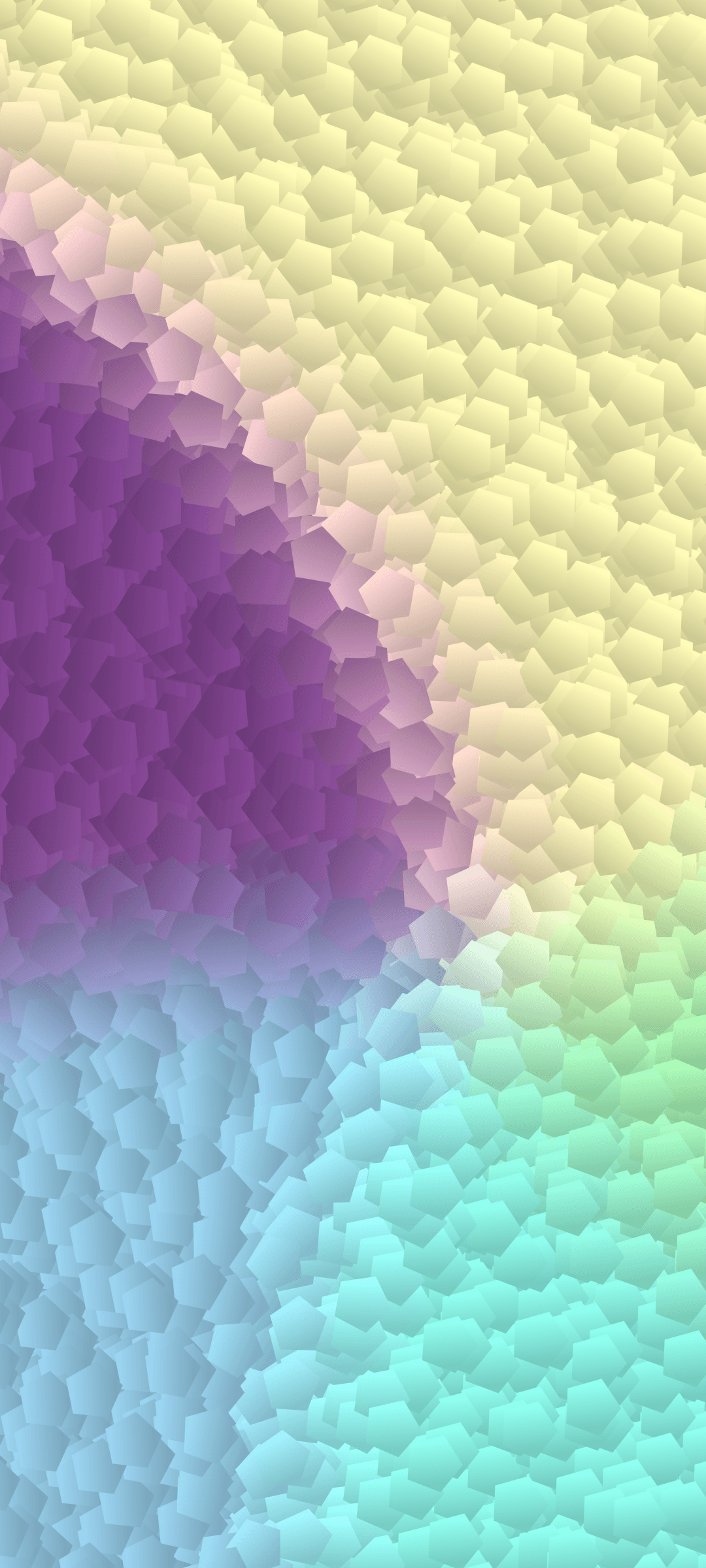 Multicolored geometric mosaic tiles transition from yellow to purple in a vibrant, textured pattern.