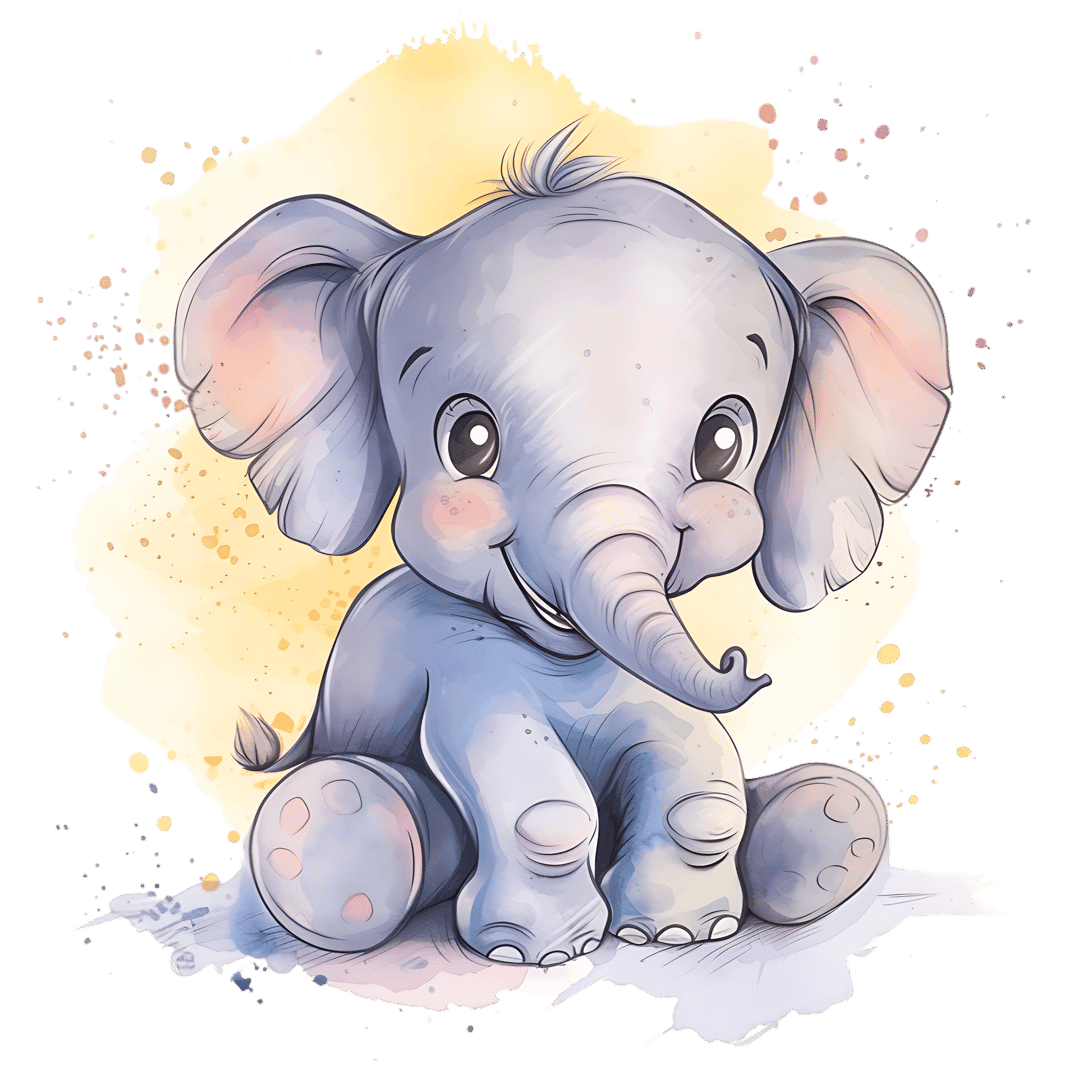 Baby elephant watercolor illustration sits amidst vibrant pink and yellow splatters on a black background.