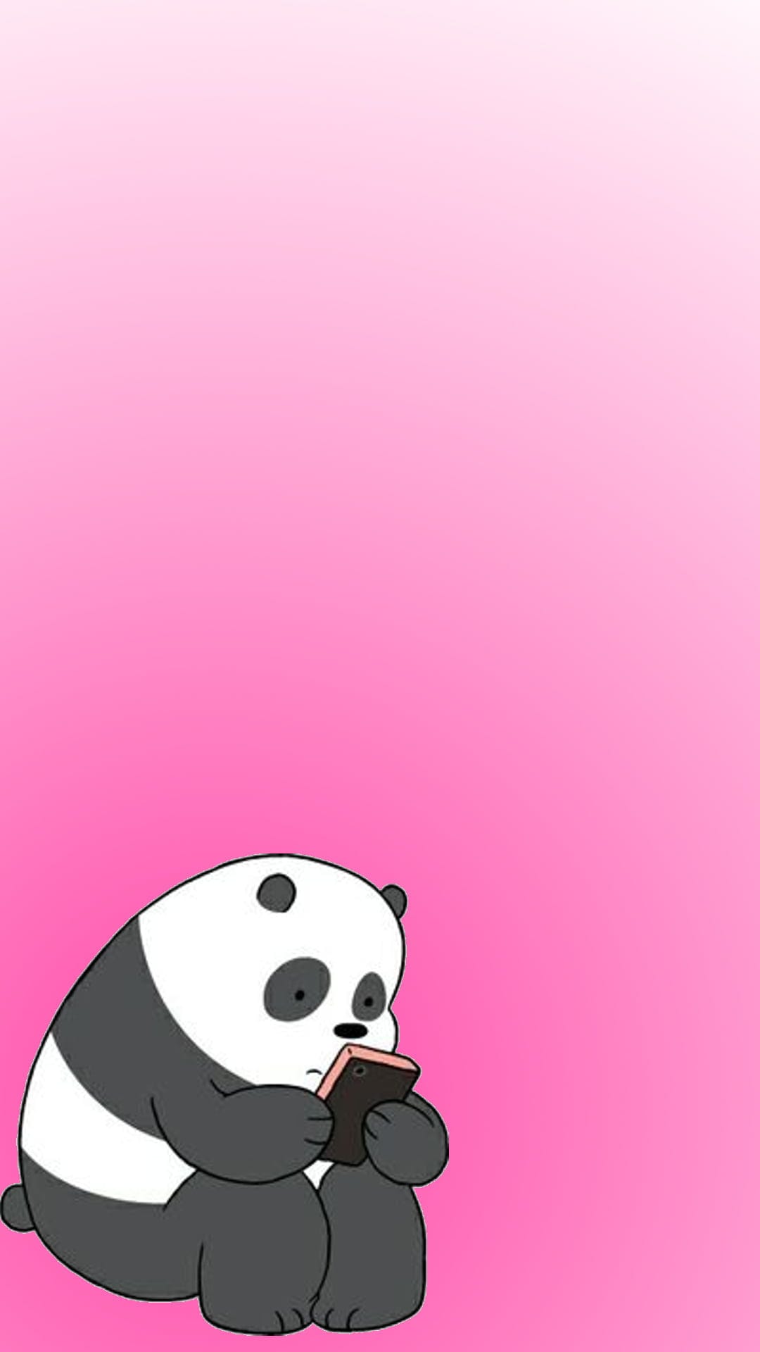 Panda character sitting and holding a smartphone against a soft pink gradient background with minimalist lines.