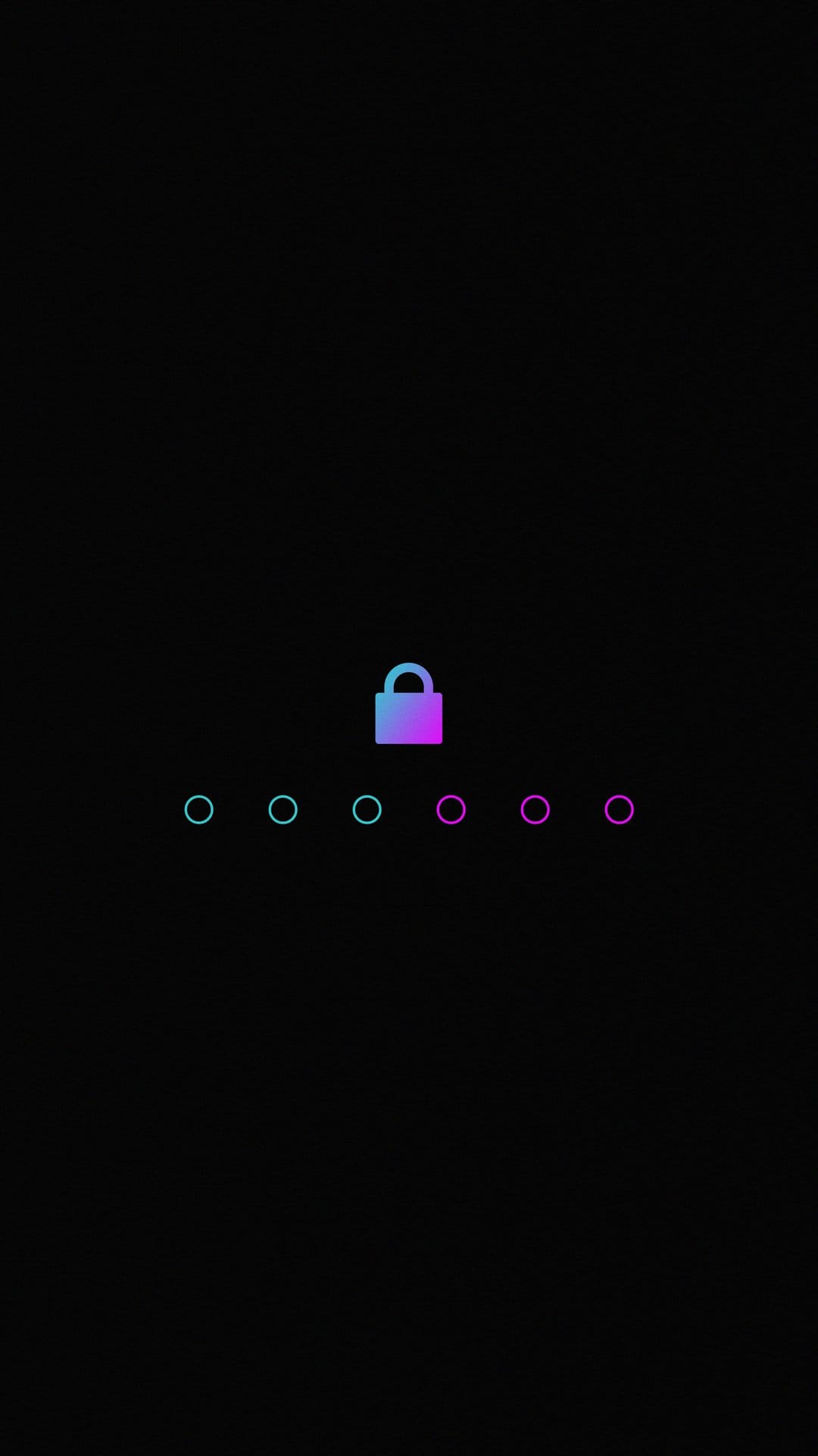 Neon purple padlock icon glowing above six circular password input fields on a dark minimalist background.