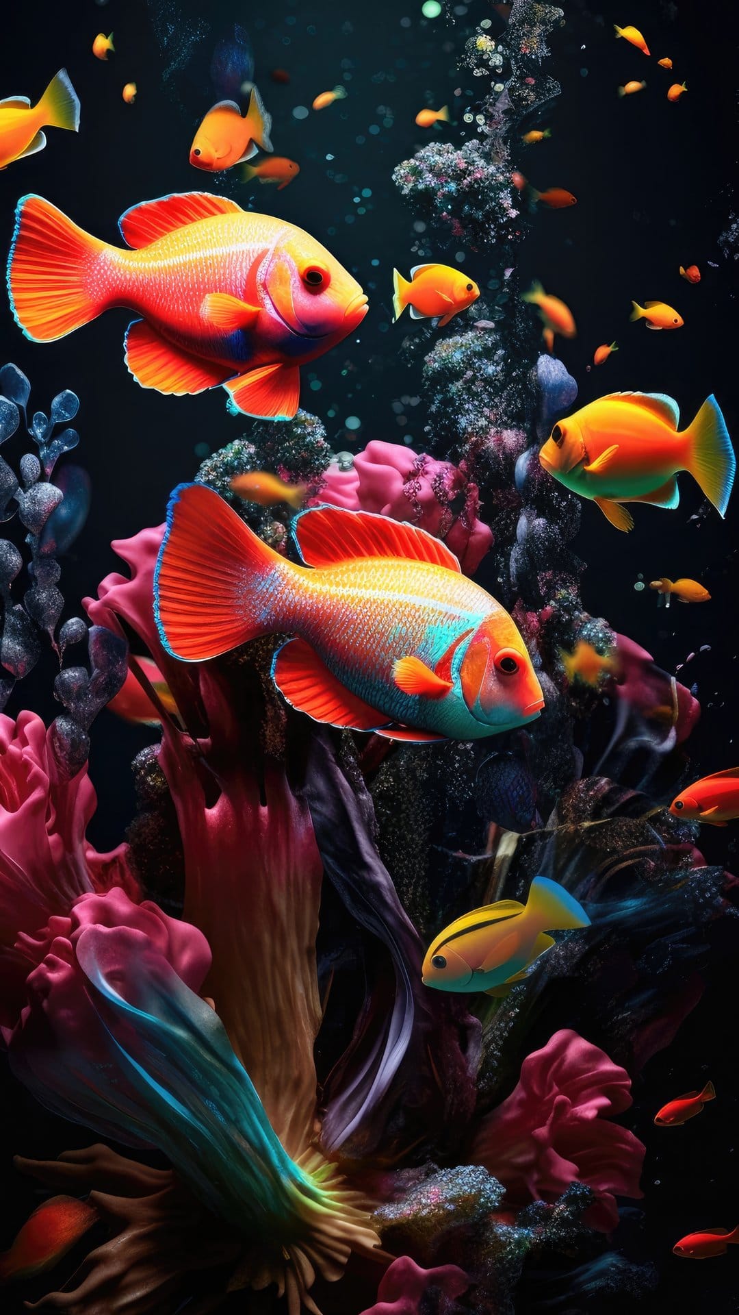 Bright orange and yellow fish swim past purple anemones and green polyps in a clear saltwater aquarium scene.