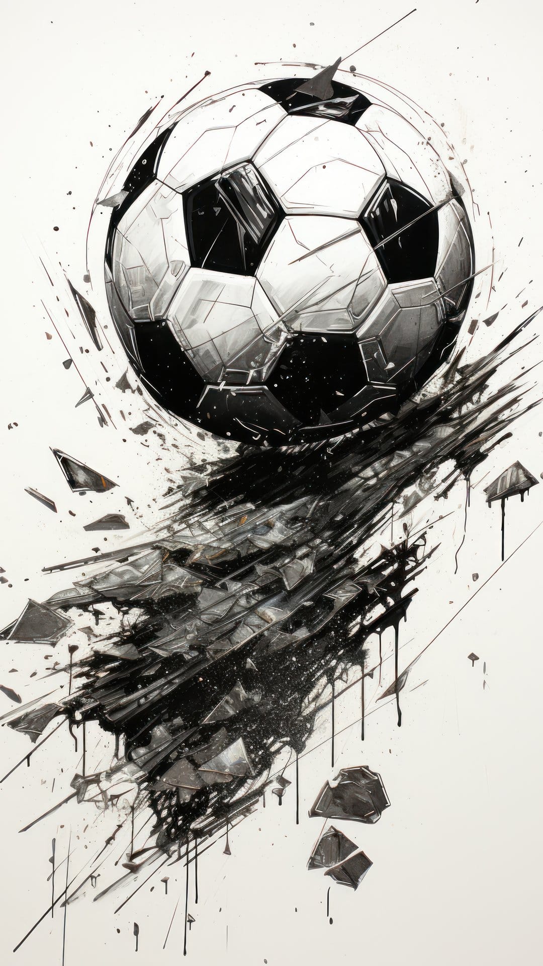 Soccer ball exploding into sharp geometric shards and black ink splatters against a clean white background.