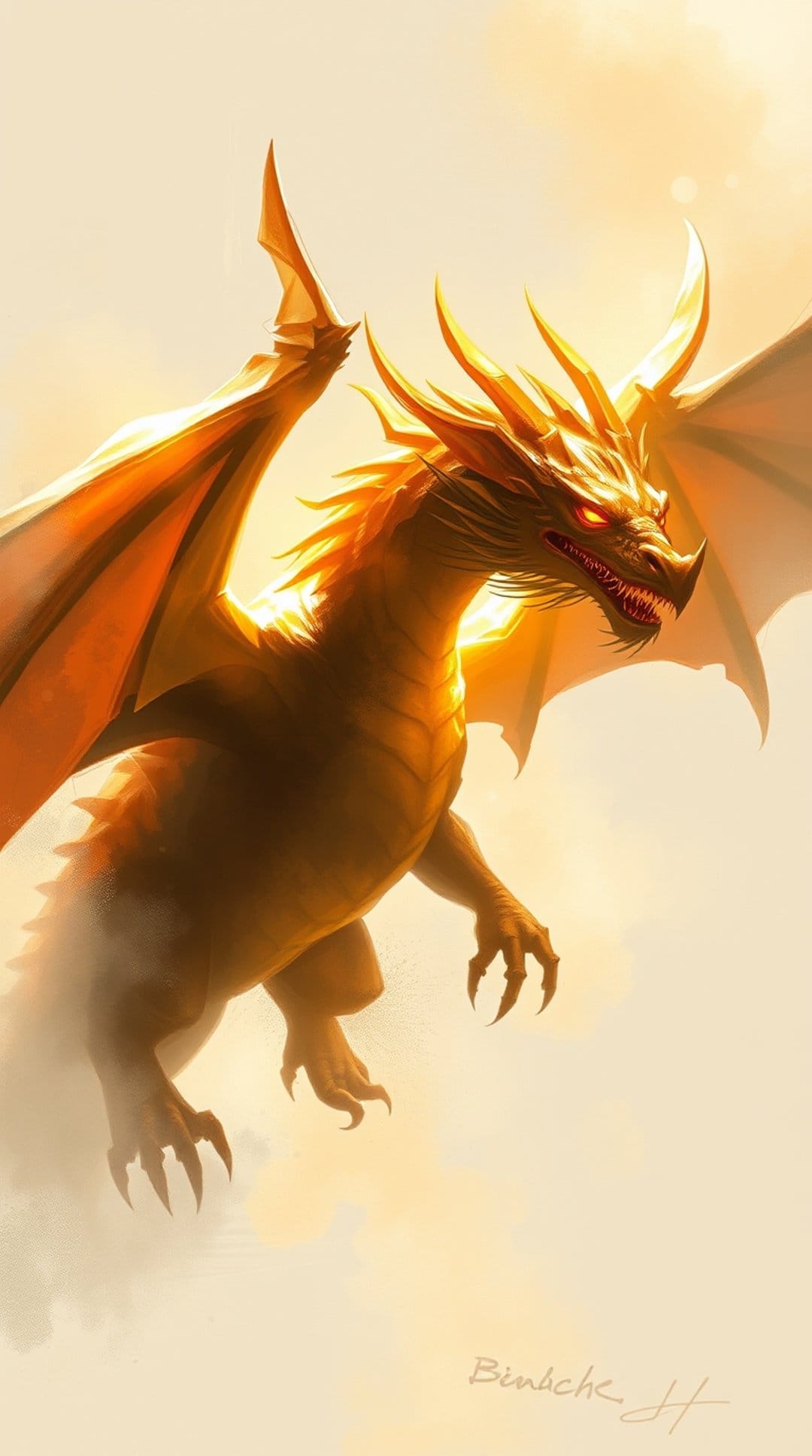 Fiery dragon with glowing red eyes and translucent wings glides through a dense golden mist of embers.