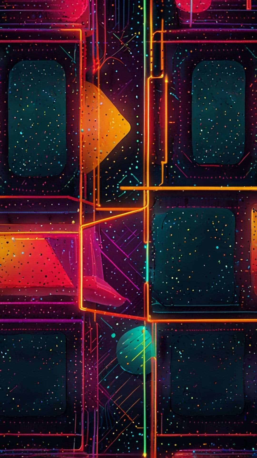 Orange and purple neon grid lines intersect with a yellow triangle and teal sphere over a starry night sky.