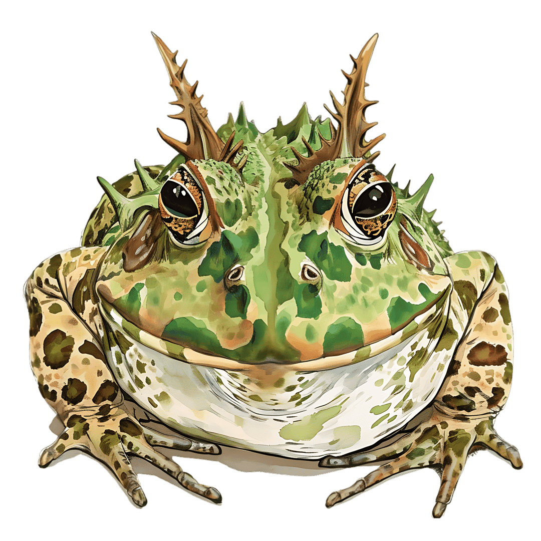 Horned frog with green camouflage skin and spiky head horns sits against a solid black backdrop in macro view.