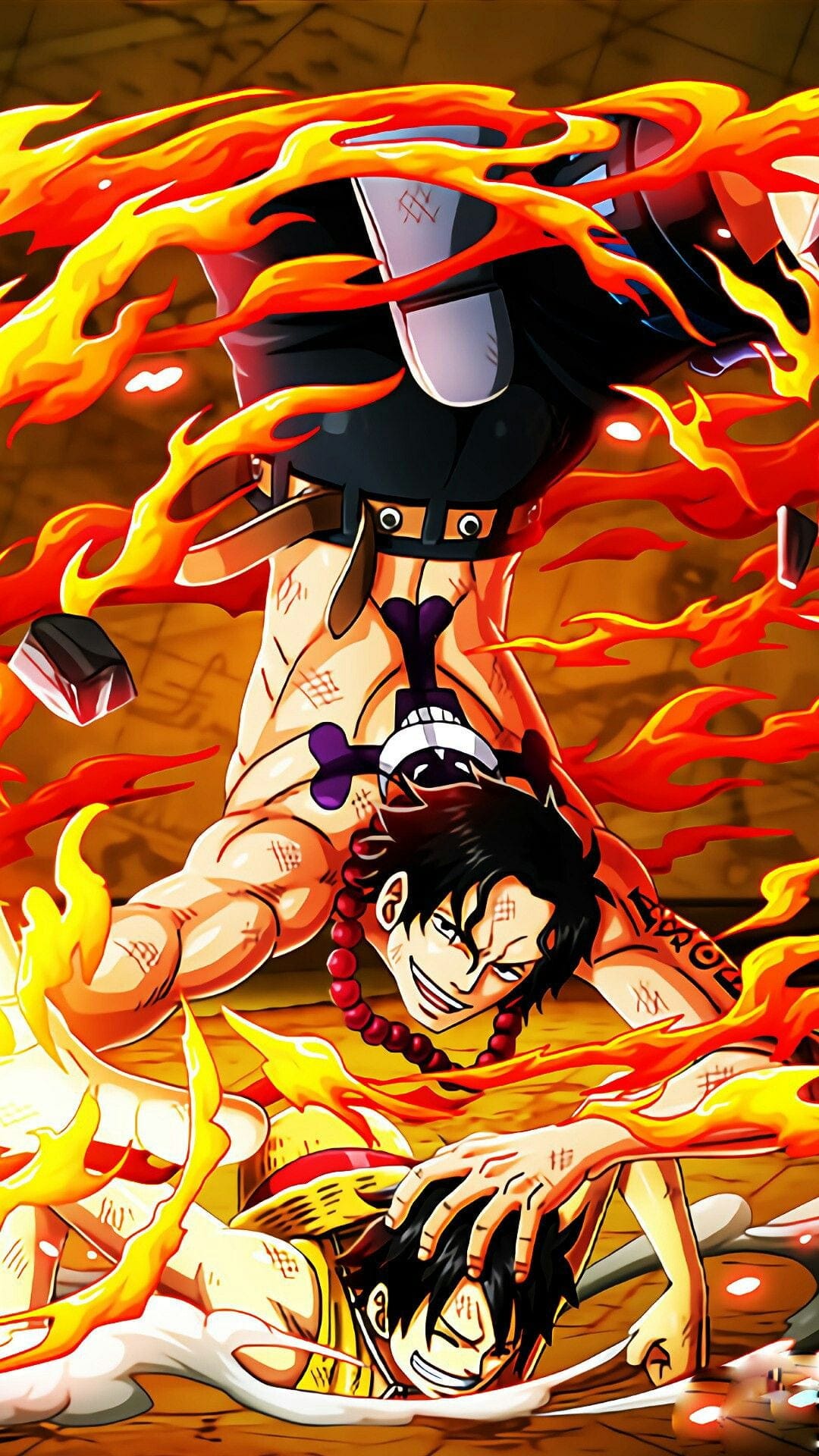 Portgas D. Ace and Monkey D. Luffy stand amidst swirling orange fire and glowing embers in a vertical scene.