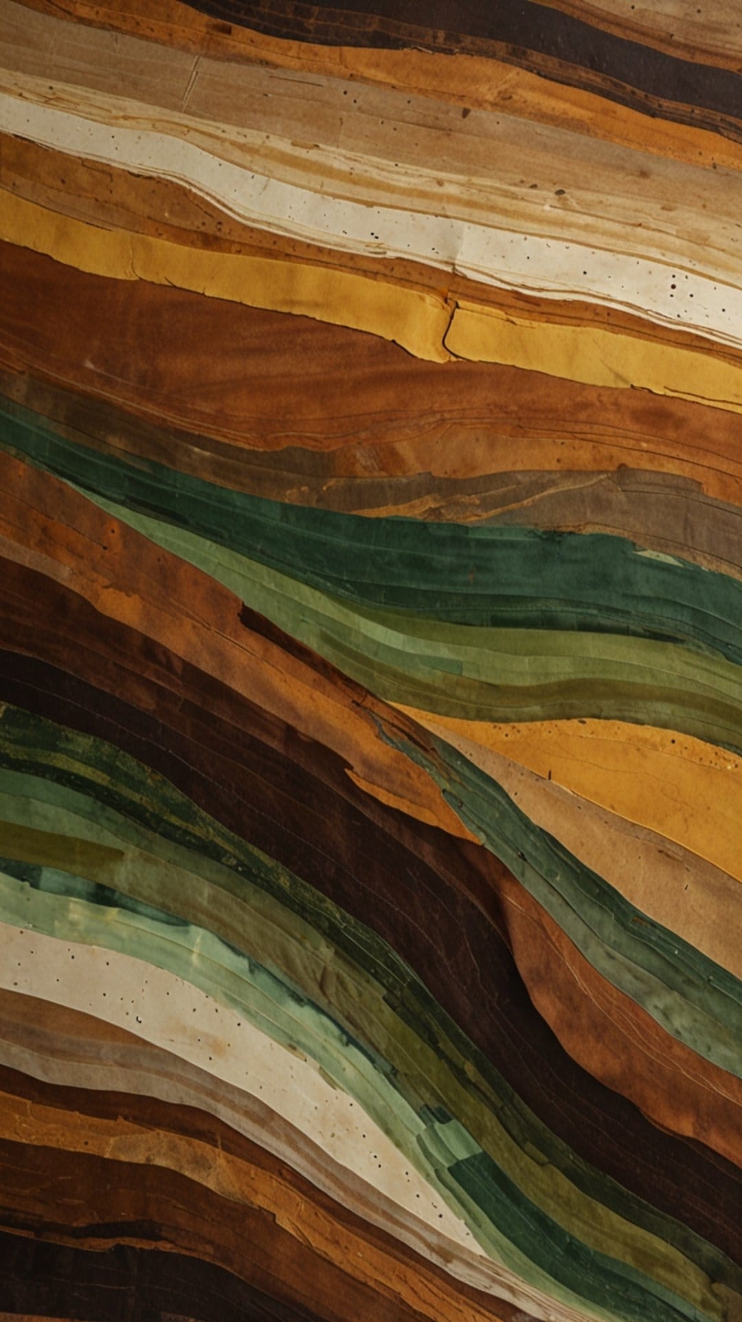 Wavy stripes of ochre, sage green, and brown flow across the frame, resembling layered sedimentary rock or wood.