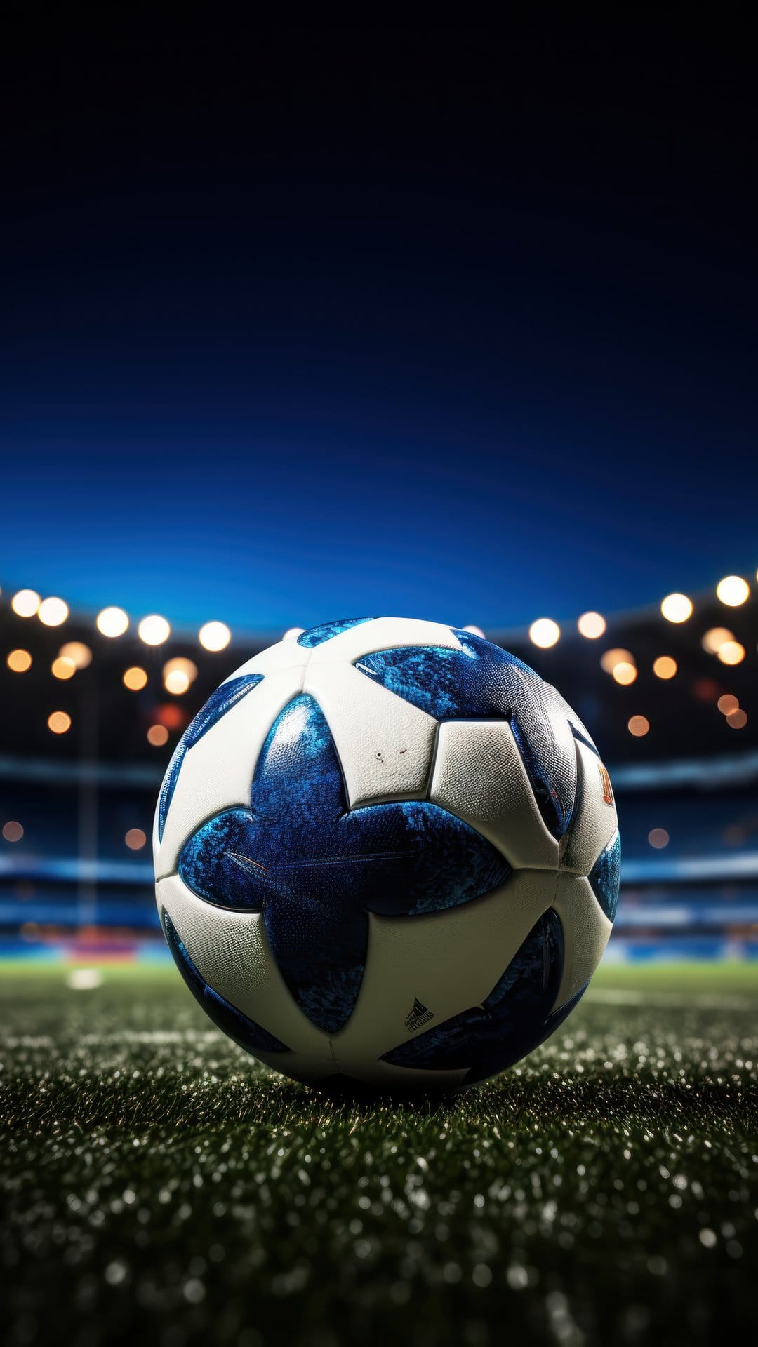 Soccer ball with blue and white panels sits on green stadium grass under bright glowing floodlights at night.
