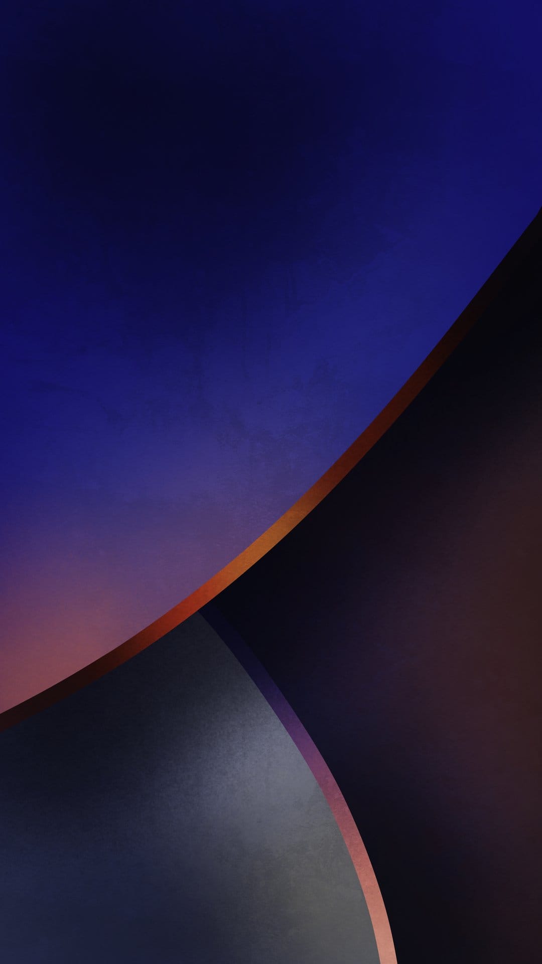 Deep blue and orange color gradients transition behind smooth dark curved geometric shapes with subtle highlights.