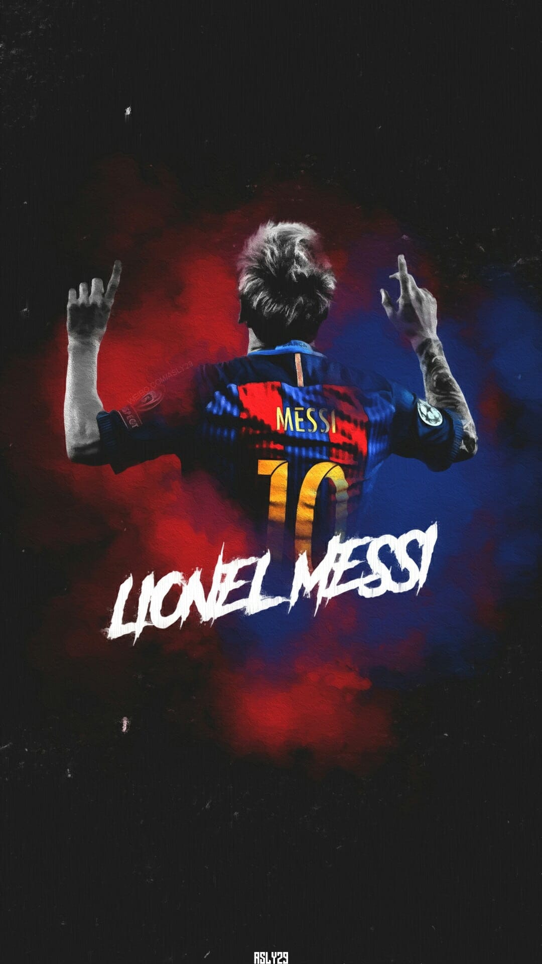 Lionel Messi in a Barcelona jersey raises his arms against a backdrop of red and blue smoke and a starry night sky.