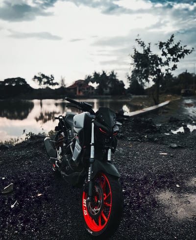 motorcycle,bike,lake,trees,houses,nature
