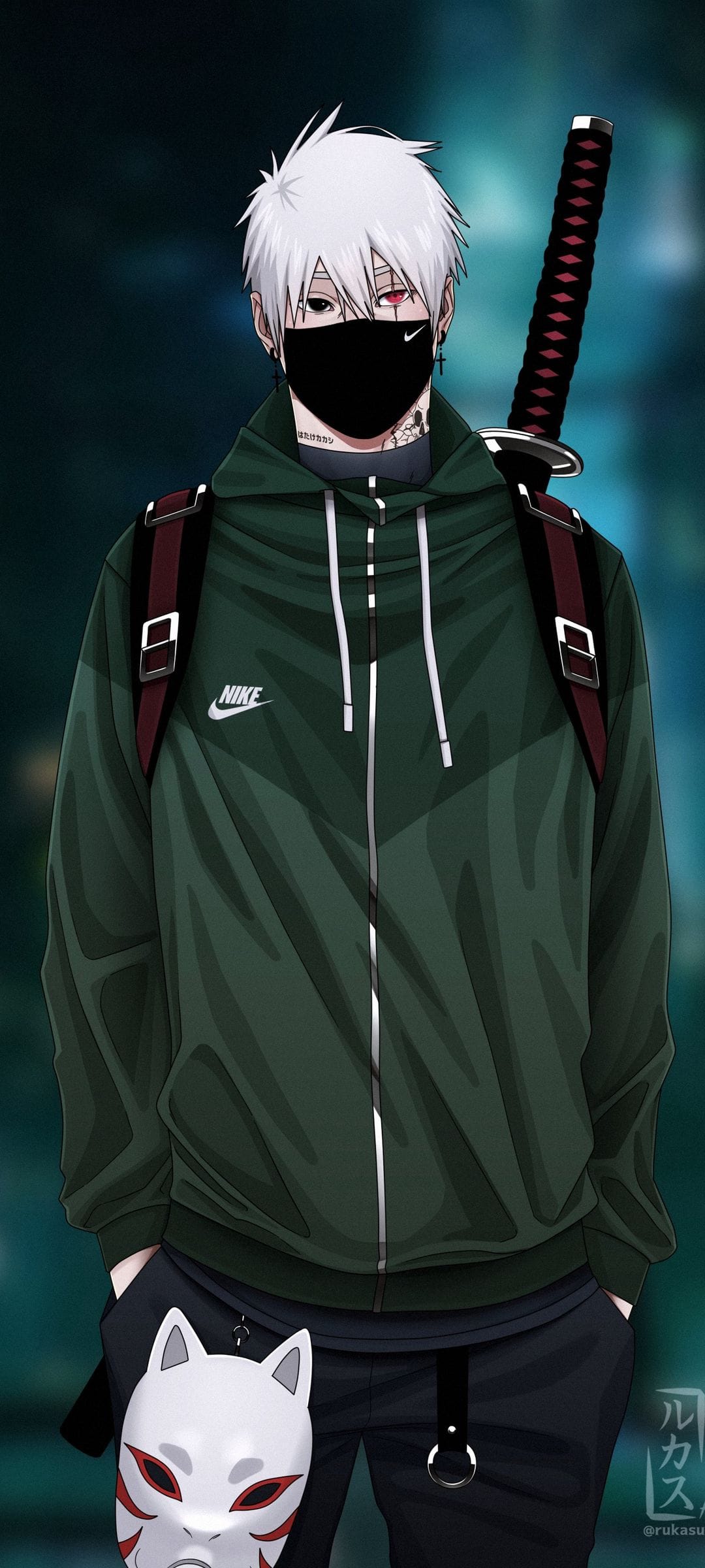 White-haired man wearing a black face mask and green jacket with a Kitsune mask and sword on his back.