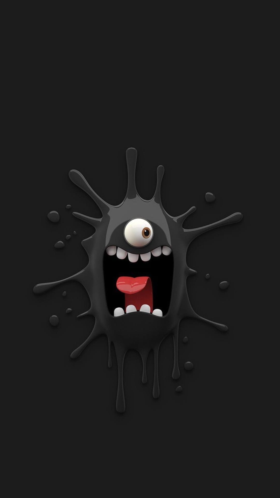 Black one-eyed ink monster with a wide screaming mouth and red tongue set against a dark, minimal background.