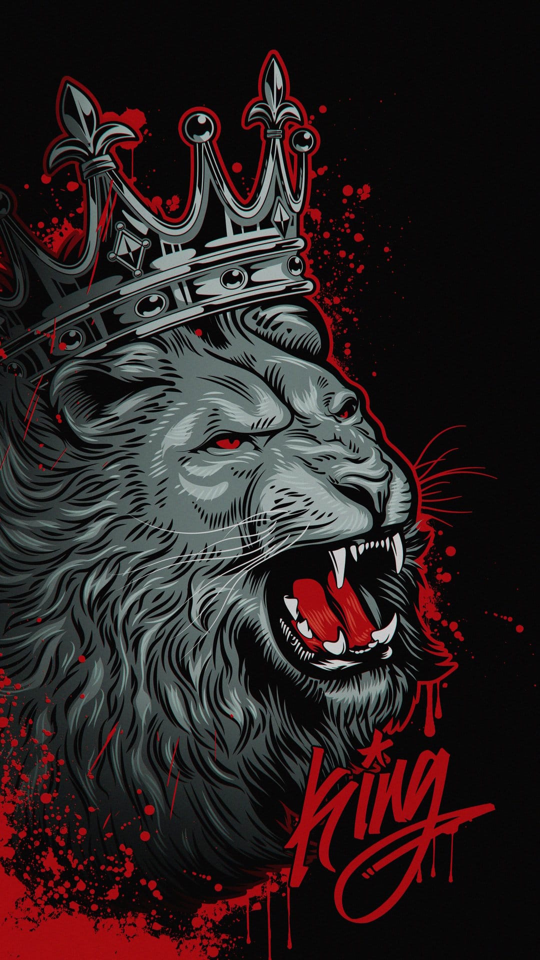 Roaring lion wearing a gold crown with glowing red eyes and blood-red paint splatters on a dark background.