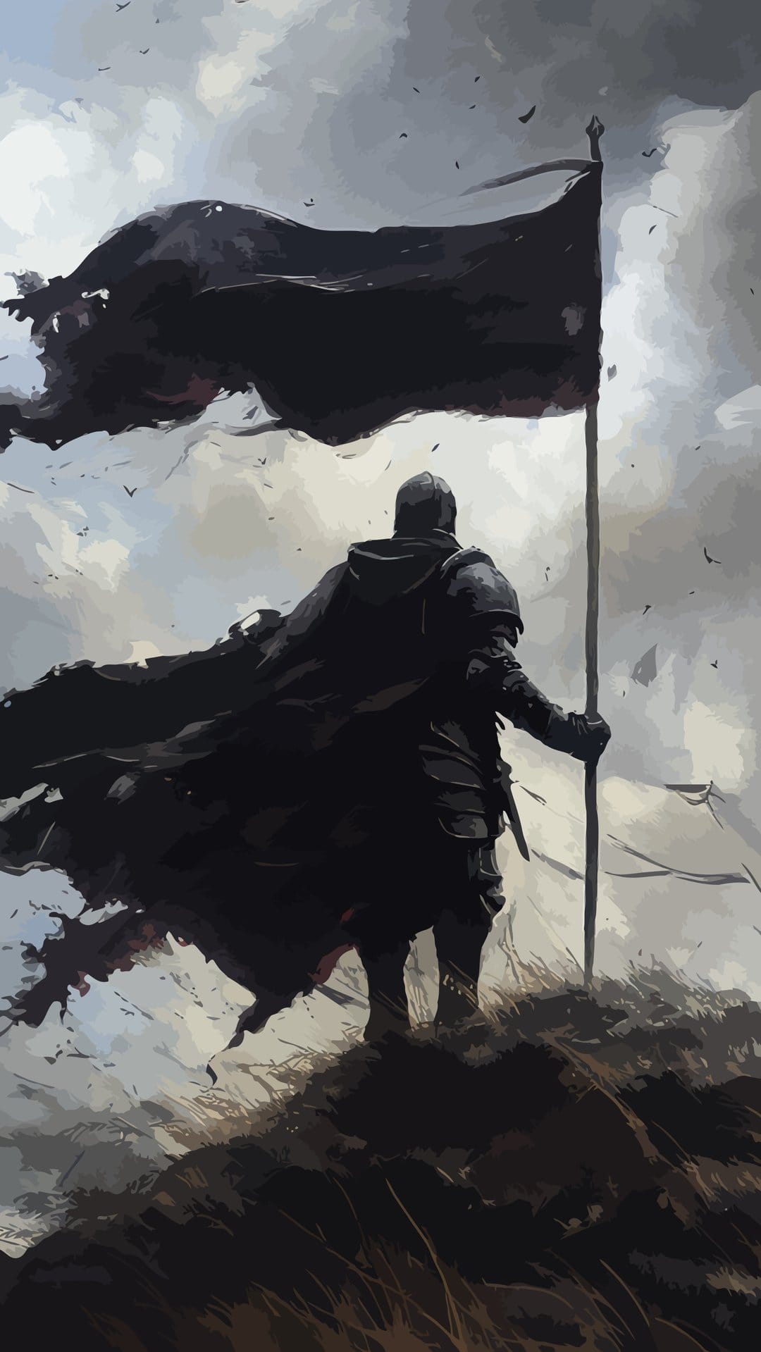 Knight in dark armor holding a tattered black flag on a grassy hill under a turbulent, cloudy sky with birds.