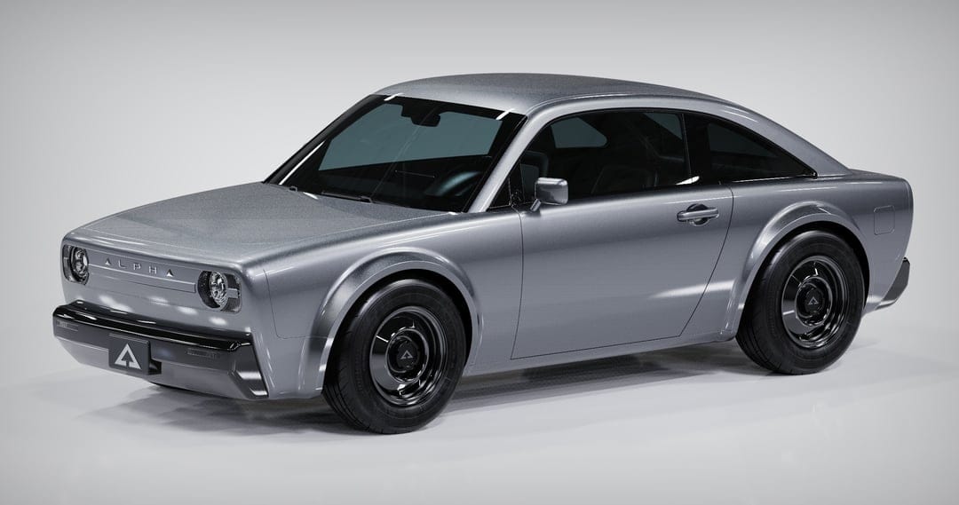 Silver Alpha Ace electric coupe with black wheels in a bright studio with soft lighting and clean shadows.