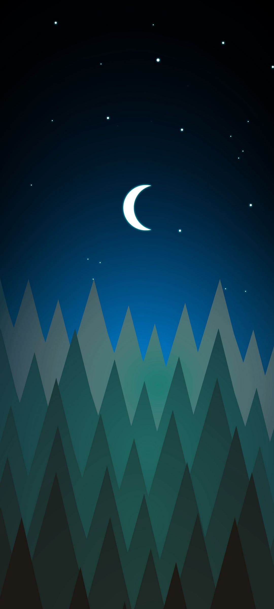 Luminous crescent moon and stars shining over layered teal forest silhouettes against a dark nocturnal sky.