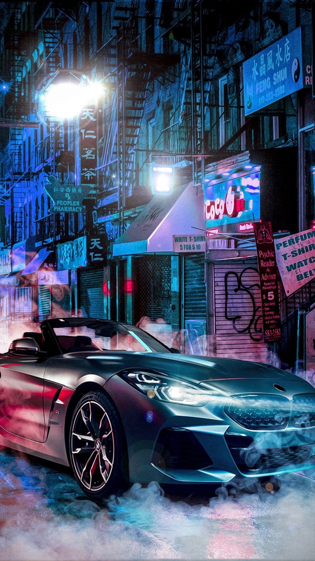 Black convertible sports car on a foggy city street illuminated by vibrant pink and blue neon lights at night.