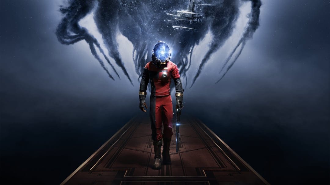 Astronaut in a red suit walks forward with a glowing blue helmet amidst dark smoky tendrils in deep space.
