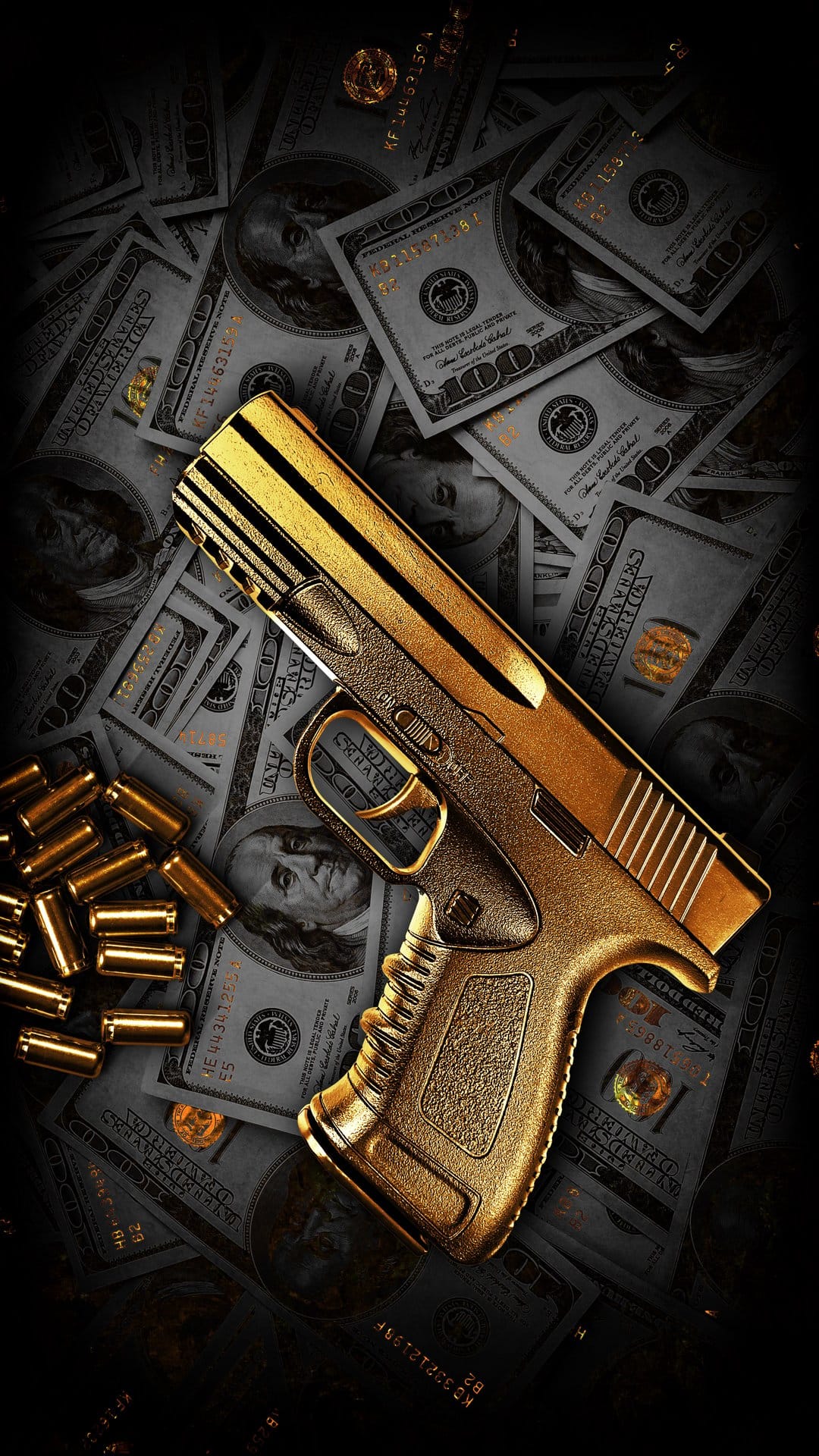 Polished gold pistol resting on a pile of scattered hundred-dollar bills with dramatic side lighting.
