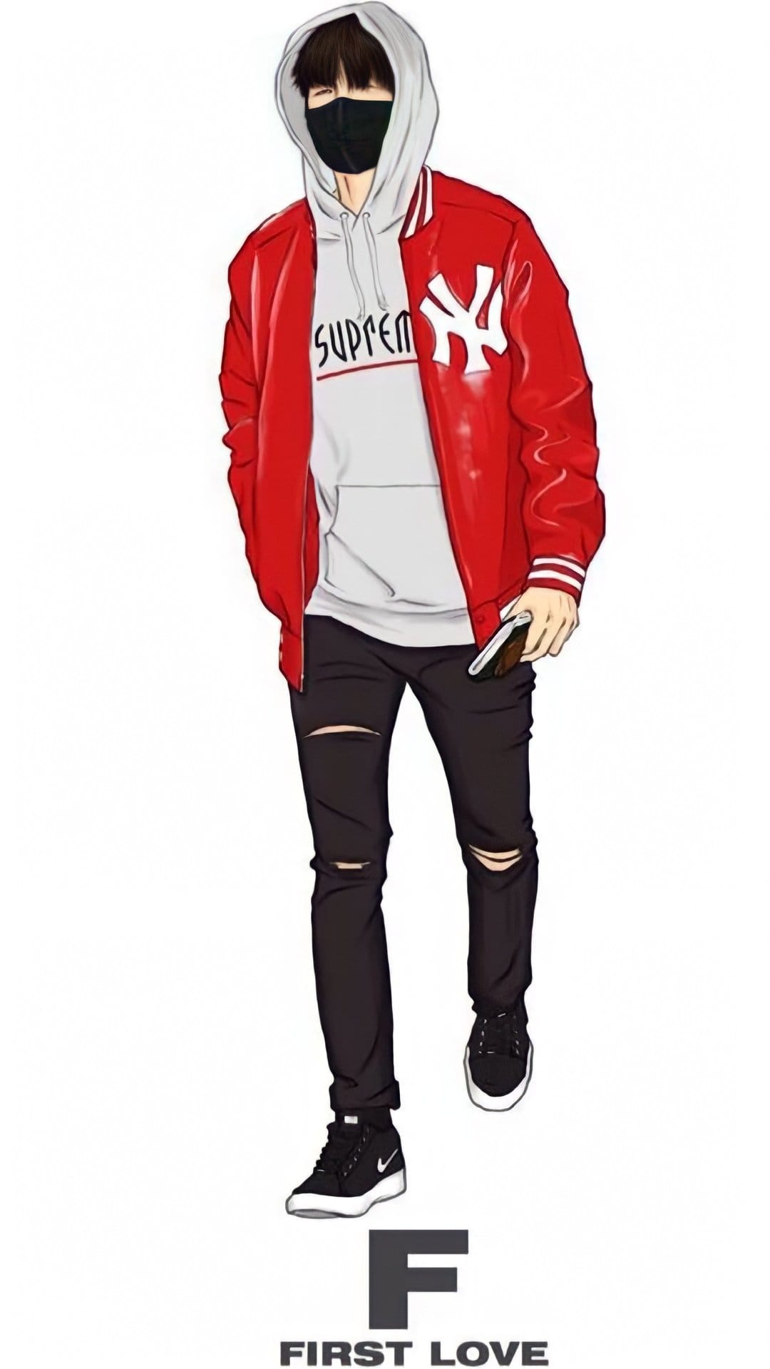 Male anime character wears a red varsity jacket, white hoodie, face mask, and ripped jeans on a white backdrop.