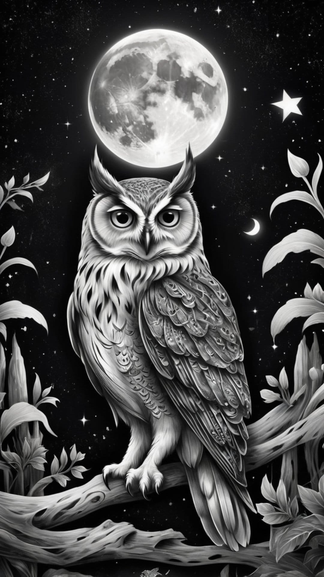 Great horned owl with detailed feathers perches on a branch under a full moon, crescent moon, and starry night sky.