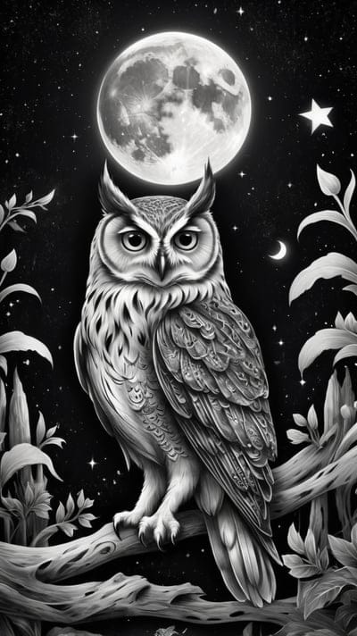 Tattoo,Tattoo Wallpaper,Wallpaper,AI Art,Ai Wallpaper,Desktop Wallpaper,Artwork,Black,White,Black and White,Owl,Moon