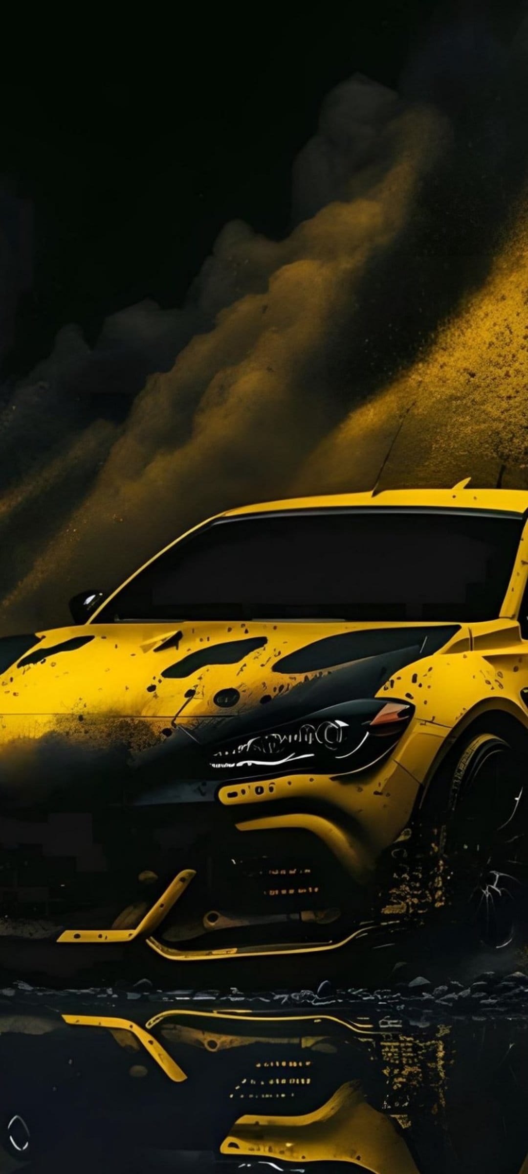 Yellow sports car surrounded by an explosive splash of liquid paint against a dark, high-contrast background.