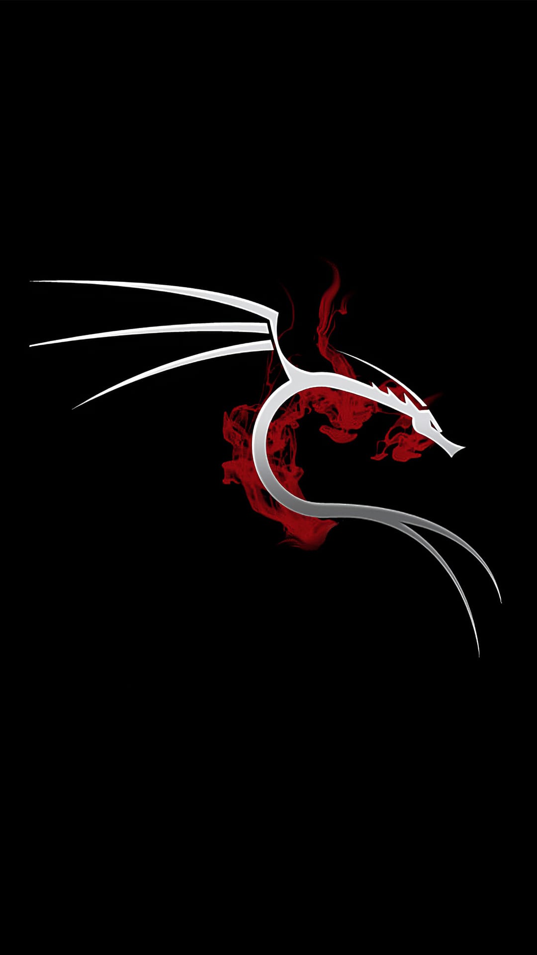 Silver Kali Linux dragon logo with red smoke trails against a solid black background for a phone screen.