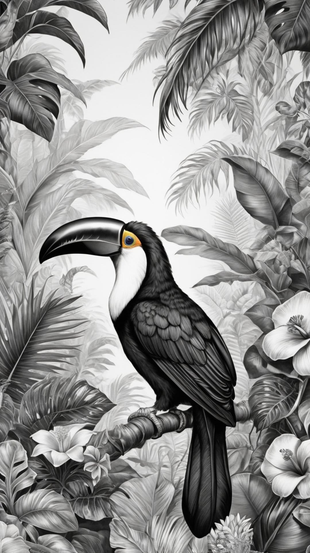 Toucan perched on a branch surrounded by detailed tropical leaves and flowers in a monochrome style.