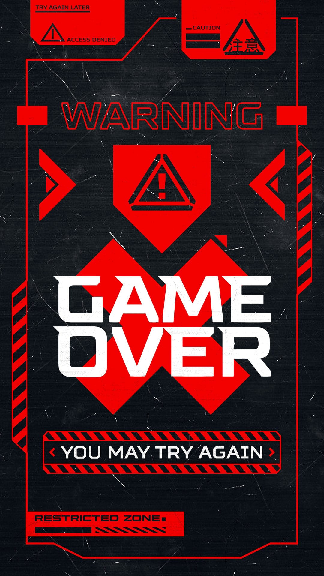 Game Over text and hazard symbols appear on a dark red textured screen with a futuristic technical layout.