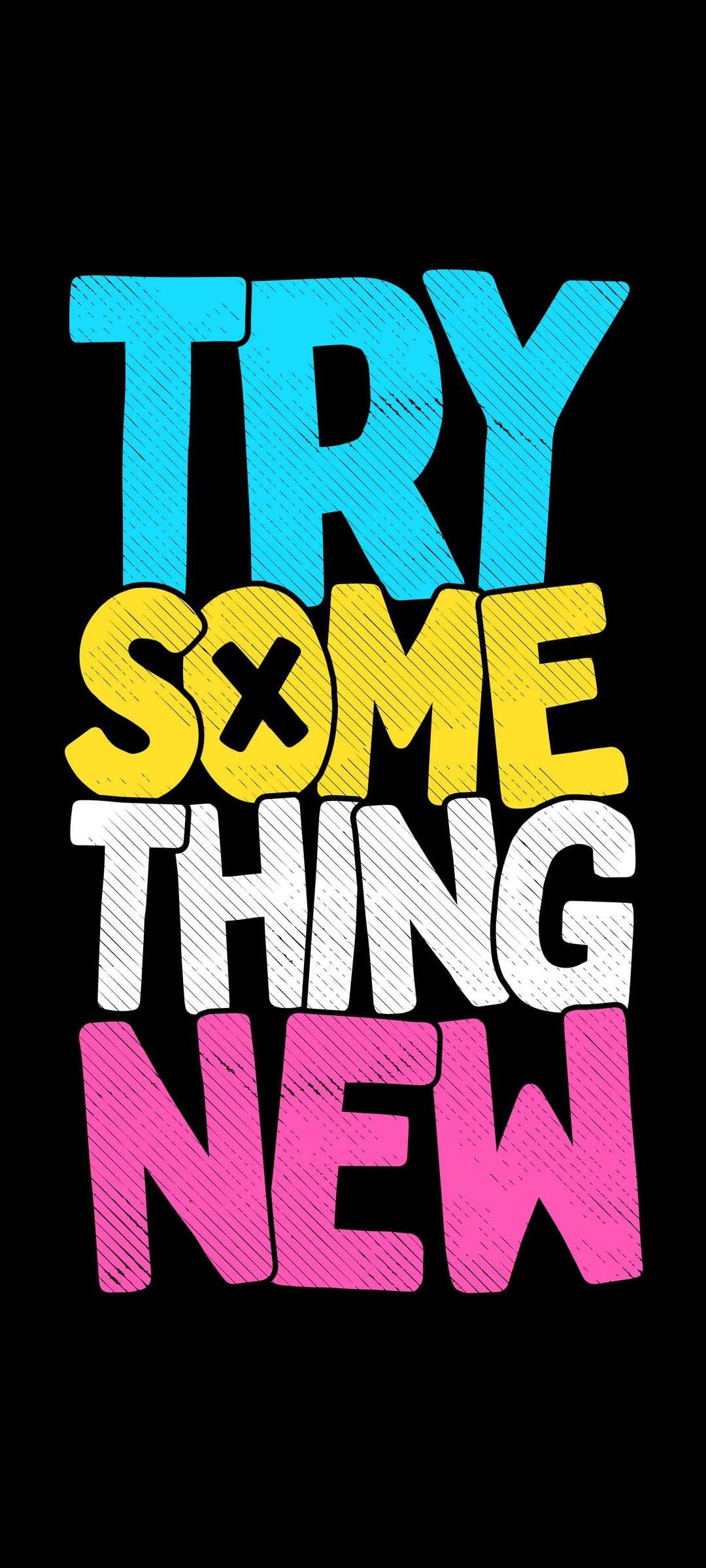 Textured rainbow-colored letters spelling Try Something New are centered against a solid black background.