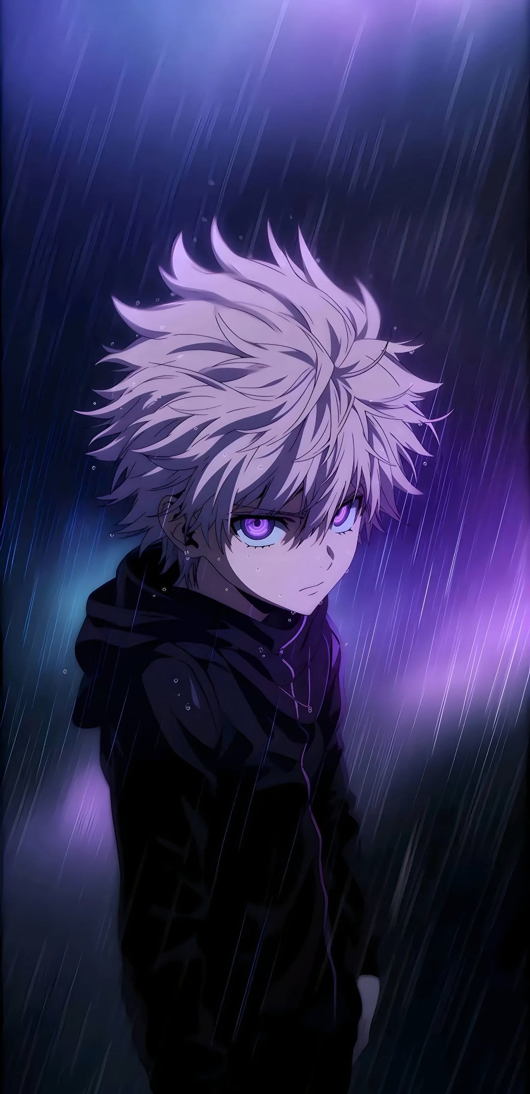 Spiky-haired boy with glowing purple eyes wearing a dark hoodie stands in the pouring rain under neon lights.