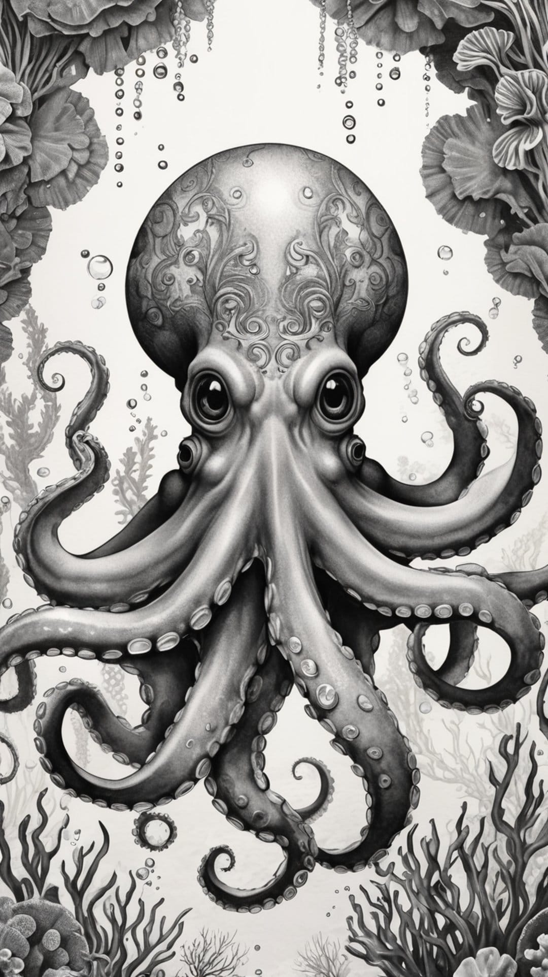 Ornate octopus with patterned tentacles swims through stylized kelp and bubbles in a monochrome aquatic scene.